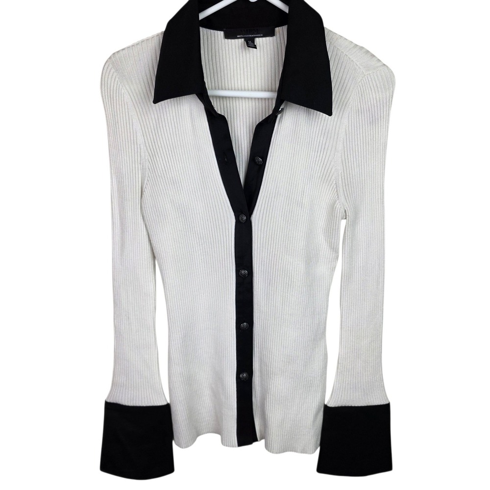 White House Black Market Ribbed Cardigan Women M White Black Good French Cuffs